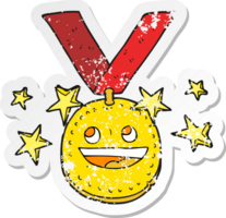 retro distressed sticker of a cartoon happy sports medal png