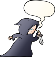 cartoon assassin in dark robe with speech bubble in smooth gradient style png