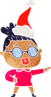 hand drawn retro cartoon of a pointing woman wearing spectacles wearing santa hat png