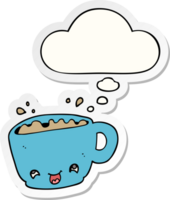 cartoon cup of coffee with thought bubble as a printed sticker png