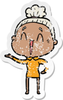 distressed sticker of a cartoon happy old lady png