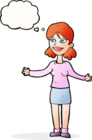 cartoon happy woman shrugging shoulders with thought bubble png