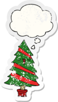 dibujos animados Navidad árbol con pensamiento burbuja como un afligido desgastado pegatina png