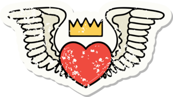 distressed sticker tattoo in traditional style of a heart with wings png