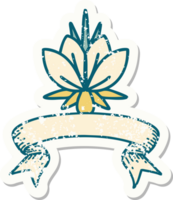 worn old sticker with banner of a water lily png