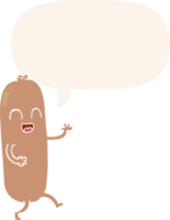 cartoon dancing sausage with speech bubble in retro style png