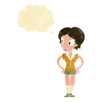caricatura, mujer feliz, en, falda corta, con, burbuja del pensamiento png