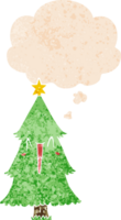 dibujos animados Navidad árbol con pensamiento burbuja en grunge afligido retro texturizado estilo png