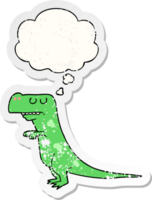 cartoon dinosaur with thought bubble as a distressed worn sticker png