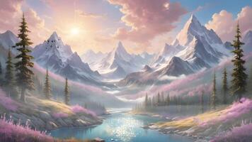 un' mozzafiato Alba si illumina un' sereno paesaggio. maestoso montagne, un' tranquillo lago, lussureggiante foreste, e i campi tratteggiata con vivace fiori creare un' mistico atmosfera video
