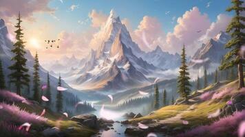 A breathtaking sunrise illuminates a serene landscape. Majestic mountains, a tranquil lake, lush forests, and fields dotted with vibrant flowers create a mystical atmosphere video