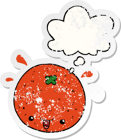 cartoon orange with thought bubble as a distressed worn sticker png