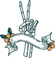 traditional tattoo with banner of a skeleton giving a peace sign png