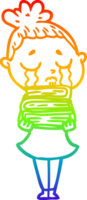 rainbow gradient line drawing of a cartoon crying woman with stack of books png