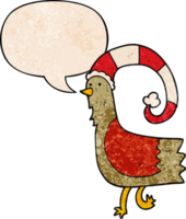 caroton chicken in funny christmas hat with speech bubble in retro texture style png