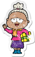 distressed sticker of a cartoon happy old lady png