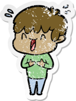 distressed sticker of a cartoon laughing boy png