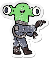 distressed sticker of a friendly cartoon alien pointing png