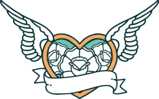 iconic tattoo style image of a flying heart with flowers and banner png