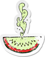retro distressed sticker of a cartoon squirting watermelon png