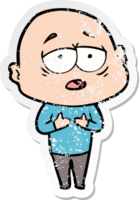 distressed sticker of a cartoon tired bald man png