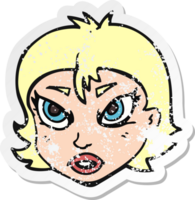 retro distressed sticker of a cartoon angry female face png