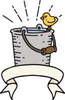 scroll banner with tattoo style bird perched on bucket of water png