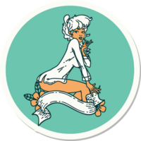 sticker of tattoo in traditional style of a pinup girl wearing a shirt with banner png