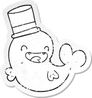 distressed sticker of a cartoon laughing whale with top hat png