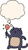 tecknad serie katt med blomma med trodde bubbla i komisk bok stil png