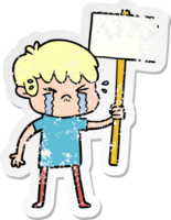 distressed sticker of a cartoon boy crying png