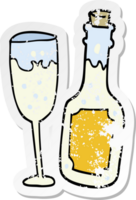 distressed sticker of a cartoon champagne bottle and glass png