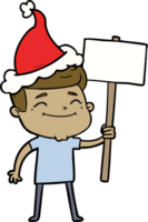 happy hand drawn line drawing of a man with placard wearing santa hat png