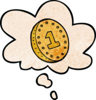 cartoon coin with thought bubble in grunge texture style png