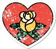 verontrust sticker tatoeëren in traditioneel stijl van een hart en bloemen png
