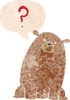 cartoon curious bear with speech bubble in grunge distressed retro textured style png