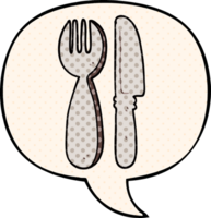 cartoon knife and fork with speech bubble in comic book style png