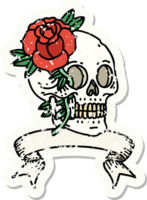 worn old sticker with banner of a skull and rose png