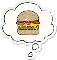 cartoon burger with thought bubble as a distressed worn sticker png