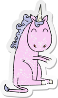 distressed sticker of a quirky hand drawn cartoon unicorn png