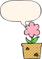 cute cartoon flower with speech bubble in comic book style png