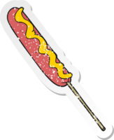 retro distressed sticker of a cartoon hotdog on a stick png