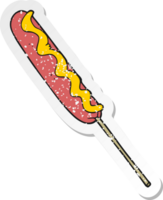 retrò afflitto etichetta di un' cartone animato hot dog su un' bastone png