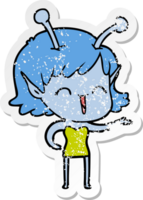 distressed sticker of a cartoon alien girl laughing png