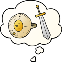 cartoon shield and sword with thought bubble in smooth gradient style png