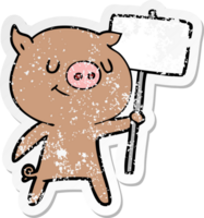 distressed sticker of a happy cartoon pig with placard png