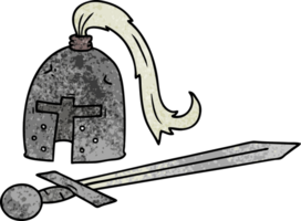 hand drawn textured cartoon doodle of a medieval helmet and sword png