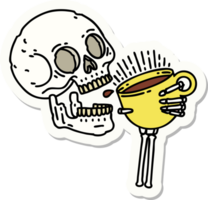 pegatina de tatuaje al estilo tradicional de una calavera bebiendo café png