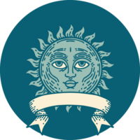 tattoo style icon with banner of a sun with face png