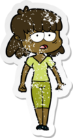 distressed sticker of a cartoon tired woman png